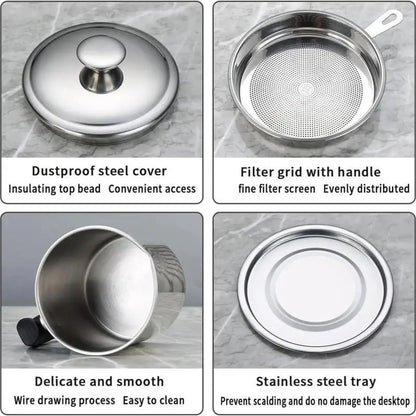 Modern Stainless Steel Oil Dispenser with Tray and Lid, Featuring Filter for Bacon Grease and Cooking Oil, Kitchenware and Utensils