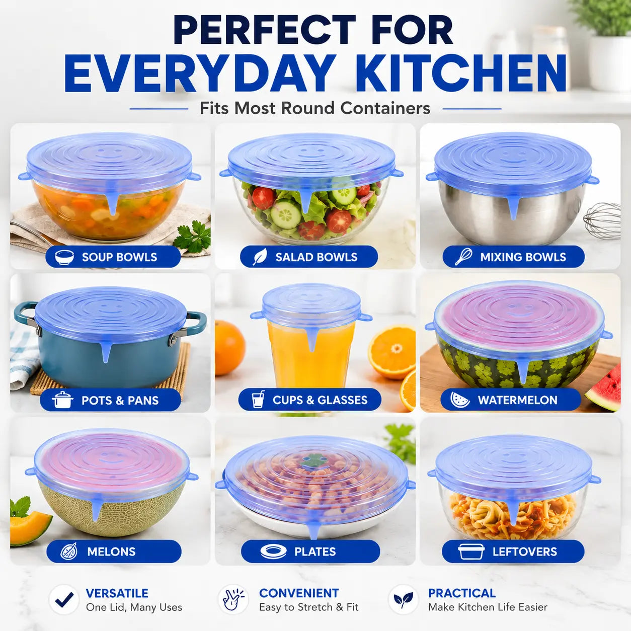 Silicone Stretch Lids Set (6-Pack) - BPA-Free, Food-Grade Reusable Covers for Bowls, Pots, and Cups (Sizes: 2.6", 3.7", 4.3", 5.5", 6.3", 7.7")
