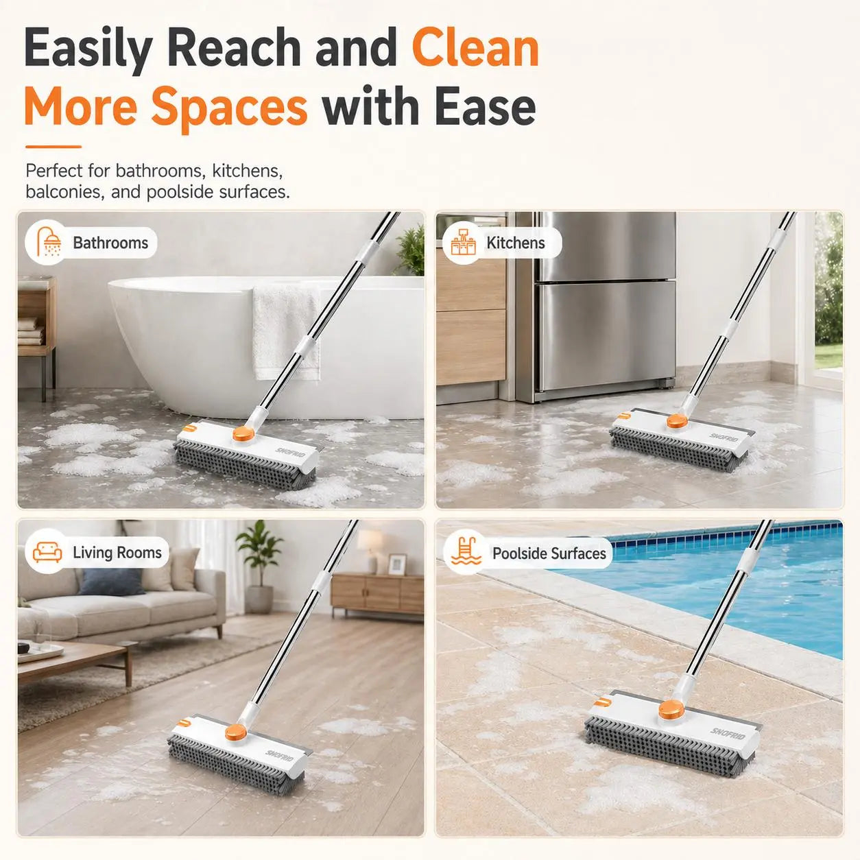 Snofrid 3-in-1 Heavy Duty Floor Scrub Brush with 54-Inch Adjustable Long Handle and Stiff Bristles for Versatile Cleaning in Showers, Bathrooms, Kitchens, Patios, Garages, Pools, Walls, and Decks - Orange & White