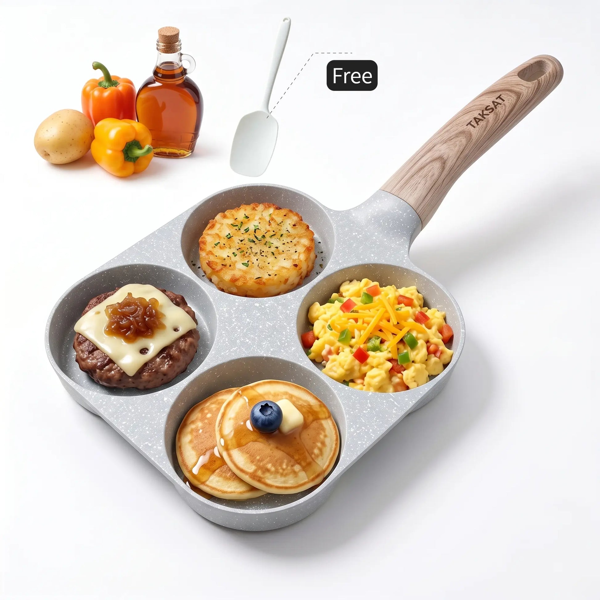 TAKSAT 4-Hole Nonstick Breakfast Pan - Fast-Heating Skillet with Easy-Clean Wooden Handle, 4-in-1 Multifunctional Cookware for Eggs and Hamburgers, Ideal for Family Breakfast Preparation, Aluminum Alloy Construction