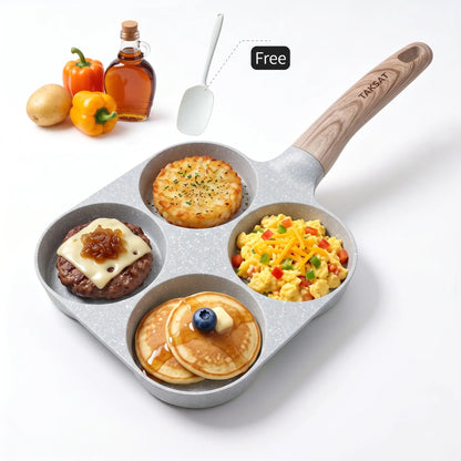 TAKSAT 4-Hole Nonstick Breakfast Pan - Fast-Heating Skillet with Easy-Clean Wooden Handle, 4-in-1 Multifunctional Cookware for Eggs and Hamburgers, Ideal for Family Breakfast Preparation, Aluminum Alloy Construction