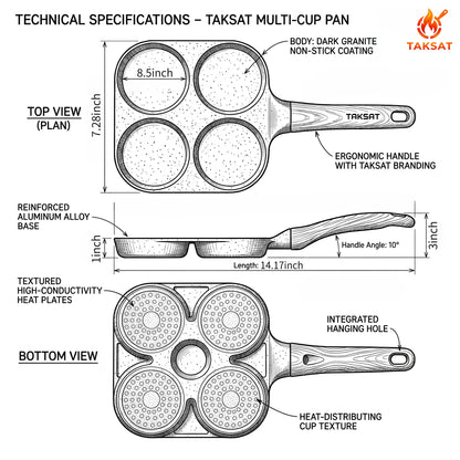 TAKSAT 4-Hole Nonstick Breakfast Pan - Fast-Heating Skillet with Easy-Clean Wooden Handle, 4-in-1 Multifunctional Cookware for Eggs and Hamburgers, Ideal for Family Breakfast Preparation, Aluminum Alloy Construction