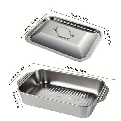 Extra Large Stainless Steel Baking Pans Set with Lids - Non-Stick Thick-Bottomed Rectangular Oven Trays for Desserts, Bread, and Seafood - Ideal for Grilling and Buffet Serving - Oven Safe Design - Perfect Mother's Day Gift