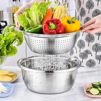 Summerwins 3-in-1 Multifunctional Stainless Steel Cutting Machine with Basin, Sieve, and Cutter - Ideal for Washing Rice, Fruits, and Vegetables, Kitchen Essential