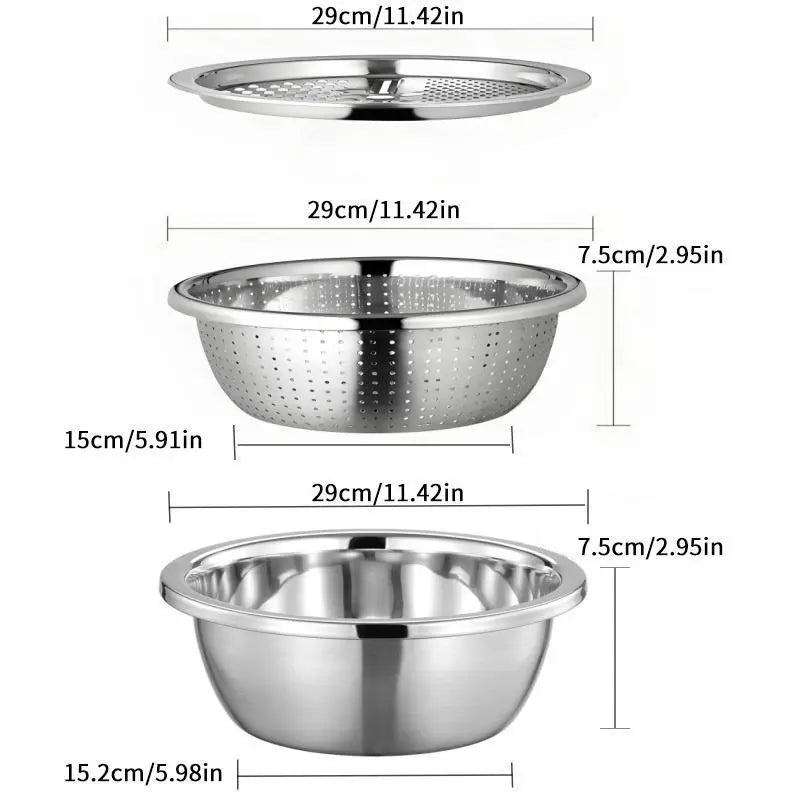 Summerwins 3-in-1 Multifunctional Stainless Steel Cutting Machine with Basin, Sieve, and Cutter - Ideal for Washing Rice, Fruits, and Vegetables, Kitchen Essential