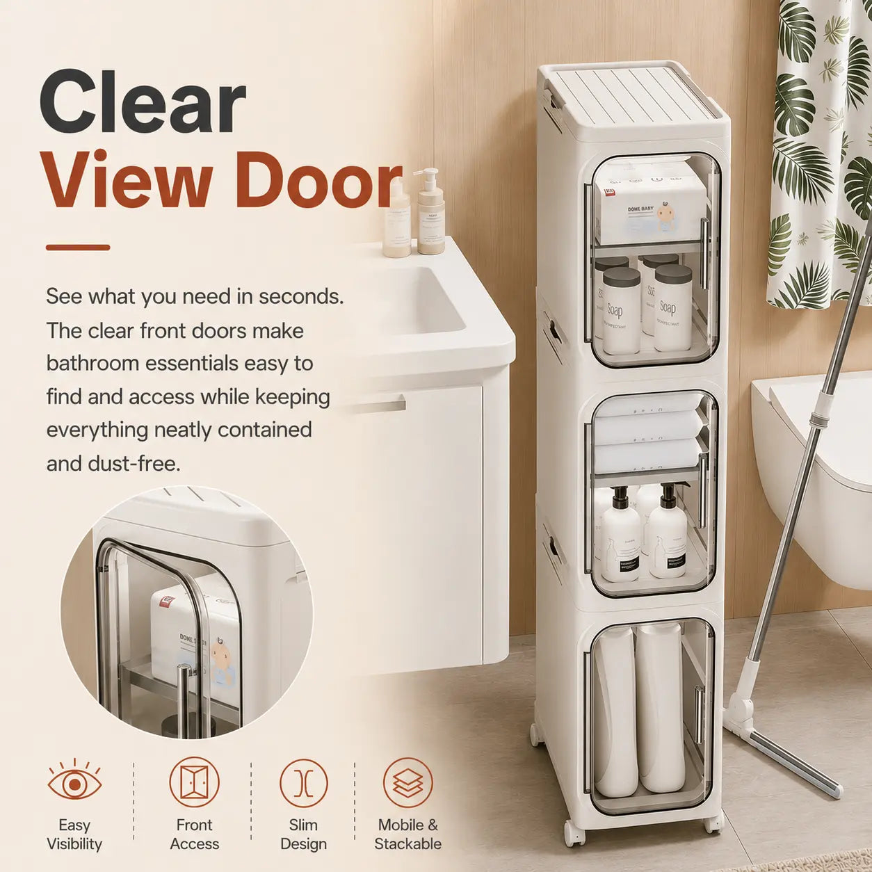 ONAIL Four-Layer Slim Storage Cabinet - Durable Plastic Construction, Adjustable Shelves, Stackable and Foldable Design, Ideal for Small Spaces, Bathrooms, and Kitchens