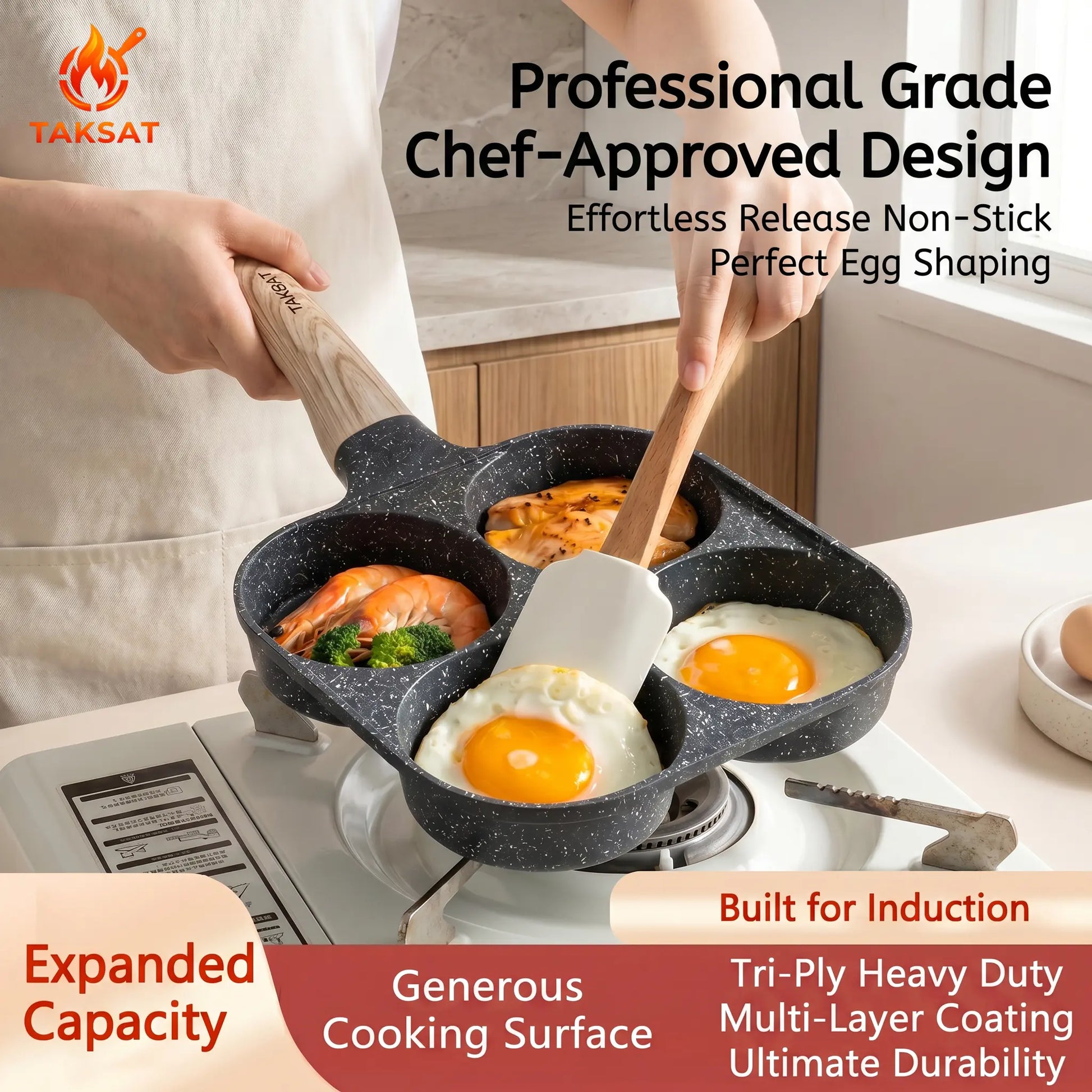 TAKSAT 4-Hole Nonstick Breakfast Pan - Fast-Heating Skillet with Easy-Clean Wooden Handle, 4-in-1 Multifunctional Cookware for Eggs and Hamburgers, Ideal for Family Breakfast Preparation, Aluminum Alloy Construction