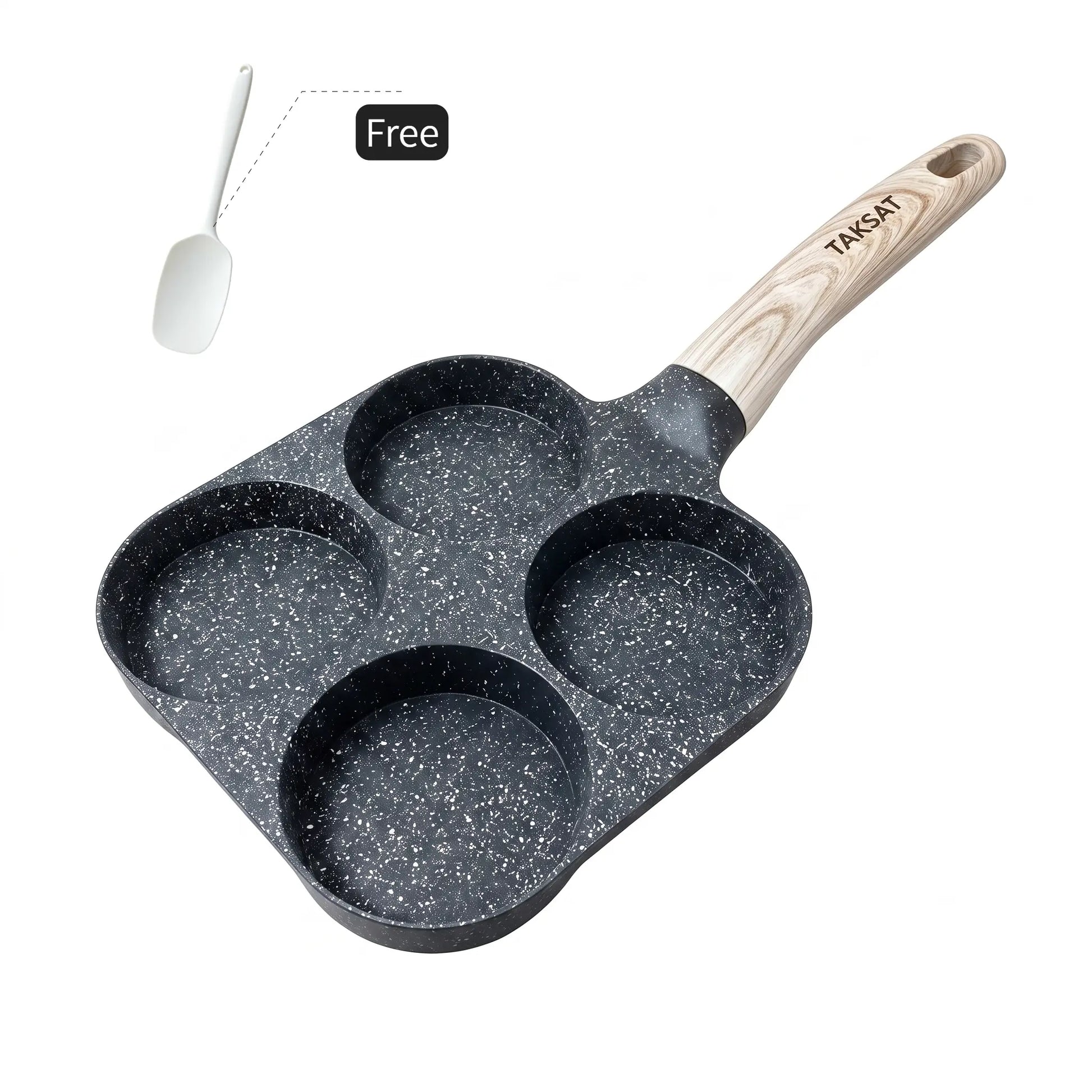 TAKSAT 4-Hole Nonstick Breakfast Pan - Fast-Heating Skillet with Easy-Clean Wooden Handle, 4-in-1 Multifunctional Cookware for Eggs and Hamburgers, Ideal for Family Breakfast Preparation, Aluminum Alloy Construction