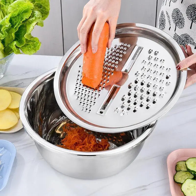 Summerwins 3-in-1 Multifunctional Stainless Steel Cutting Machine with Basin, Sieve, and Cutter - Ideal for Washing Rice, Fruits, and Vegetables, Kitchen Essential