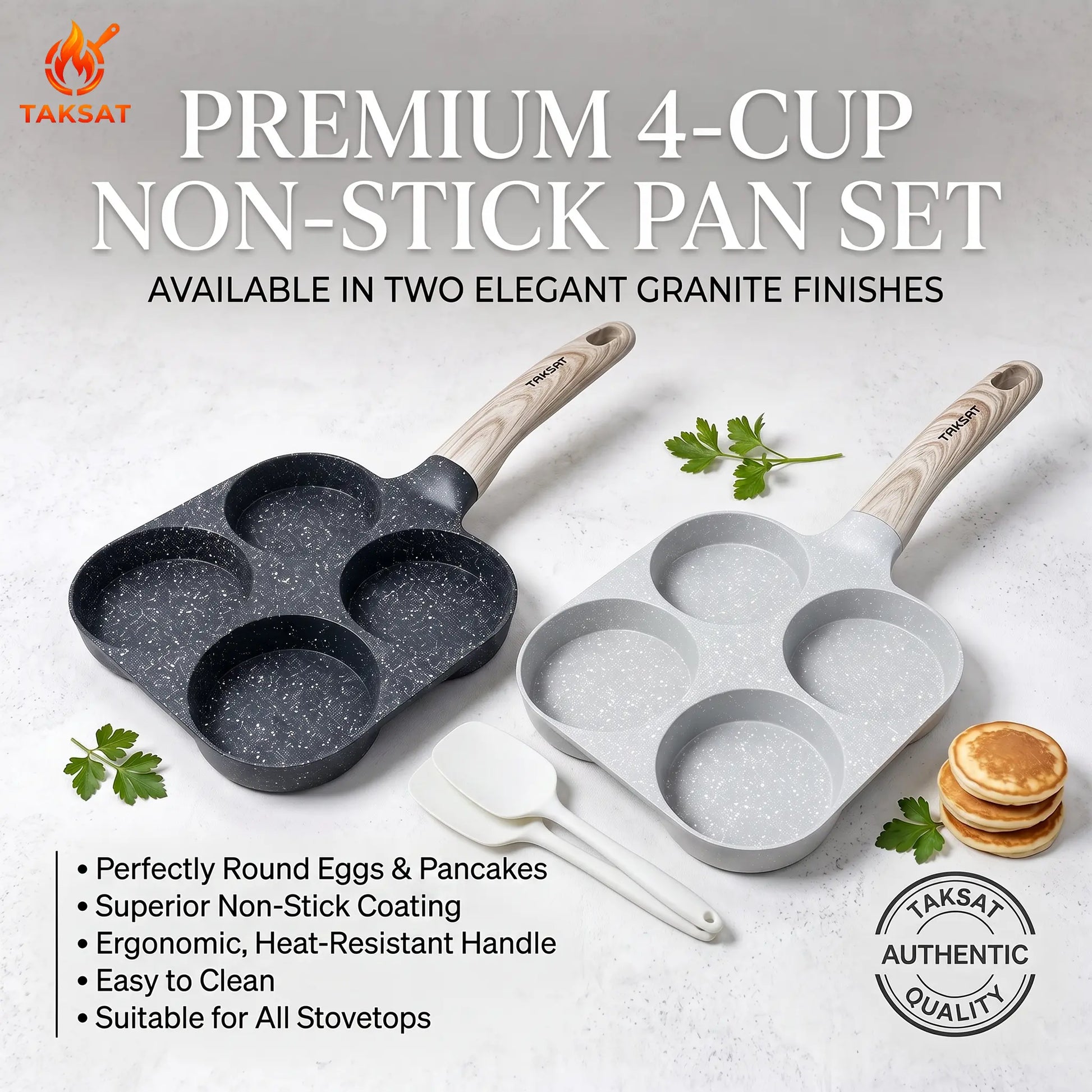 TAKSAT 4-Hole Nonstick Breakfast Pan - Fast-Heating Skillet with Easy-Clean Wooden Handle, 4-in-1 Multifunctional Cookware for Eggs and Hamburgers, Ideal for Family Breakfast Preparation, Aluminum Alloy Construction