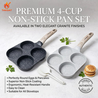 TAKSAT 4-Hole Nonstick Breakfast Pan - Fast-Heating Skillet with Easy-Clean Wooden Handle, 4-in-1 Multifunctional Cookware for Eggs and Hamburgers, Ideal for Family Breakfast Preparation, Aluminum Alloy Construction