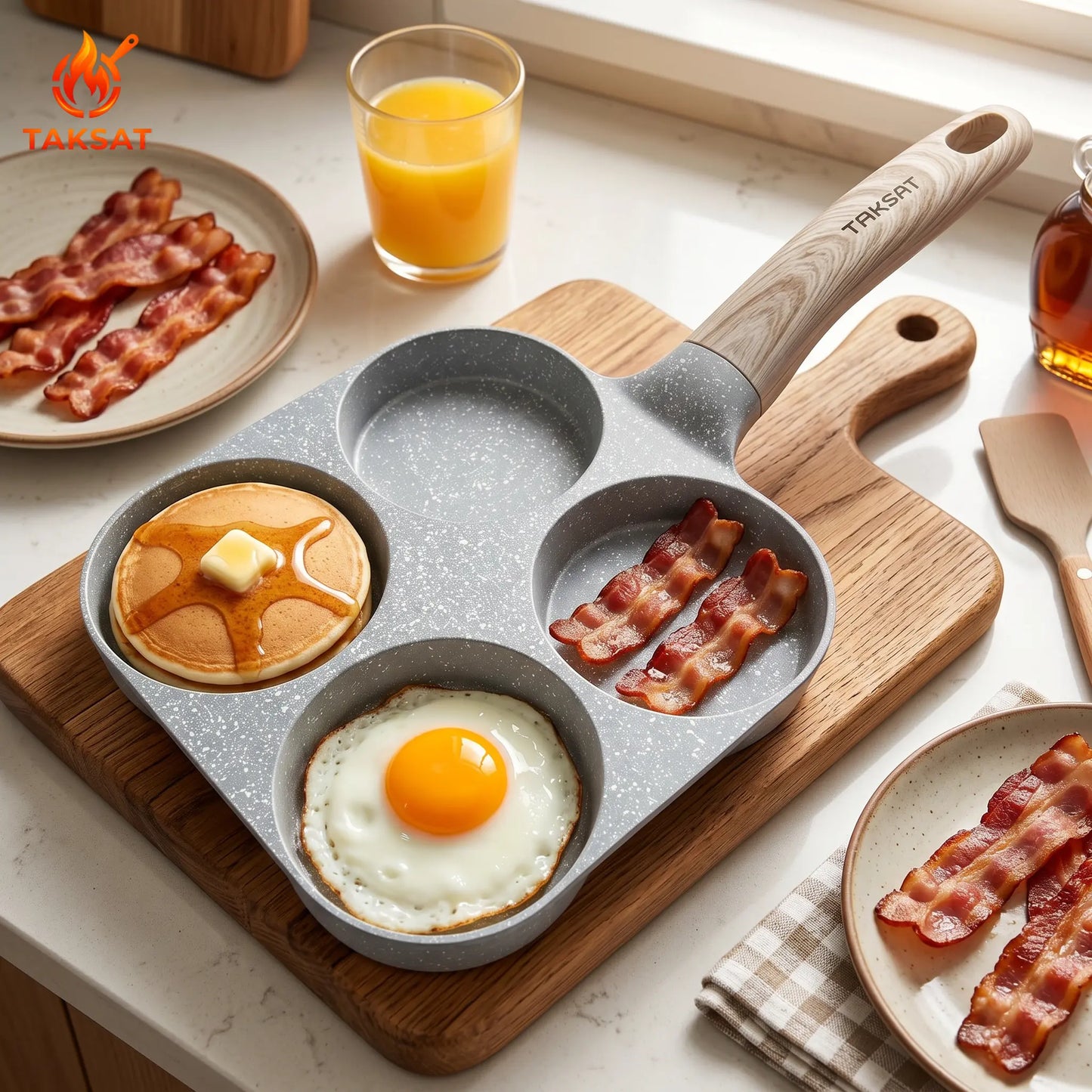 TAKSAT 4-Hole Nonstick Breakfast Pan - Fast-Heating Skillet with Easy-Clean Wooden Handle, 4-in-1 Multifunctional Cookware for Eggs and Hamburgers, Ideal for Family Breakfast Preparation, Aluminum Alloy Construction