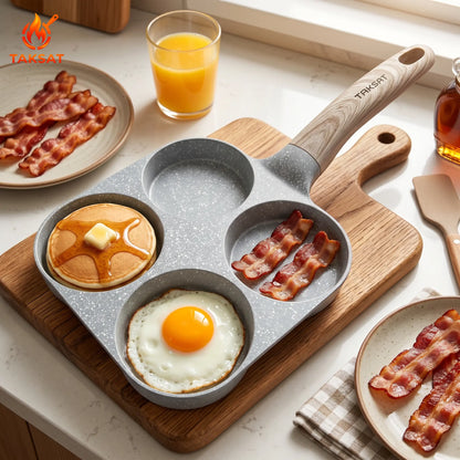 TAKSAT 4-Hole Nonstick Breakfast Pan - Fast-Heating Skillet with Easy-Clean Wooden Handle, 4-in-1 Multifunctional Cookware for Eggs and Hamburgers, Ideal for Family Breakfast Preparation, Aluminum Alloy Construction