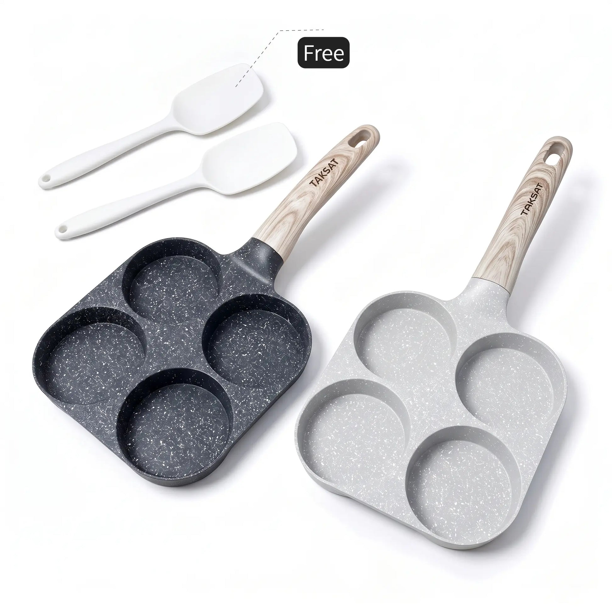 TAKSAT 4-Hole Nonstick Breakfast Pan - Fast-Heating Skillet with Easy-Clean Wooden Handle, 4-in-1 Multifunctional Cookware for Eggs and Hamburgers, Ideal for Family Breakfast Preparation, Aluminum Alloy Construction