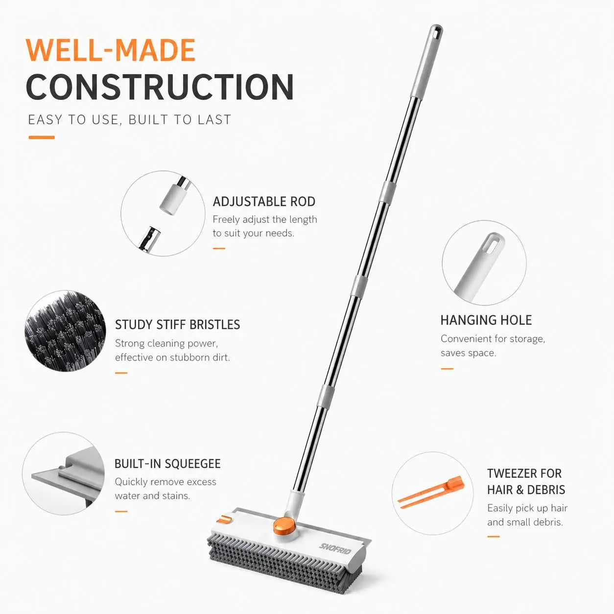 Snofrid 3-in-1 Heavy Duty Floor Scrub Brush with 54-Inch Adjustable Long Handle and Stiff Bristles for Versatile Cleaning in Showers, Bathrooms, Kitchens, Patios, Garages, Pools, Walls, and Decks - Orange & White