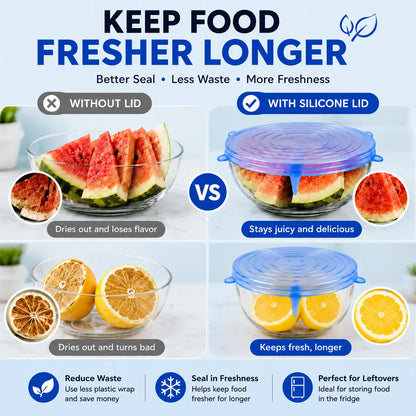 Silicone Stretch Lids Set (6-Pack) - BPA-Free, Food-Grade Reusable Covers for Bowls, Pots, and Cups (Sizes: 2.6", 3.7", 4.3", 5.5", 6.3", 7.7")