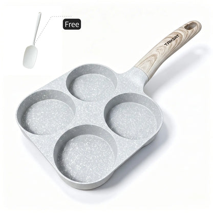 TAKSAT 4-Hole Nonstick Breakfast Pan - Fast-Heating Skillet with Easy-Clean Wooden Handle, 4-in-1 Multifunctional Cookware for Eggs and Hamburgers, Ideal for Family Breakfast Preparation, Aluminum Alloy Construction