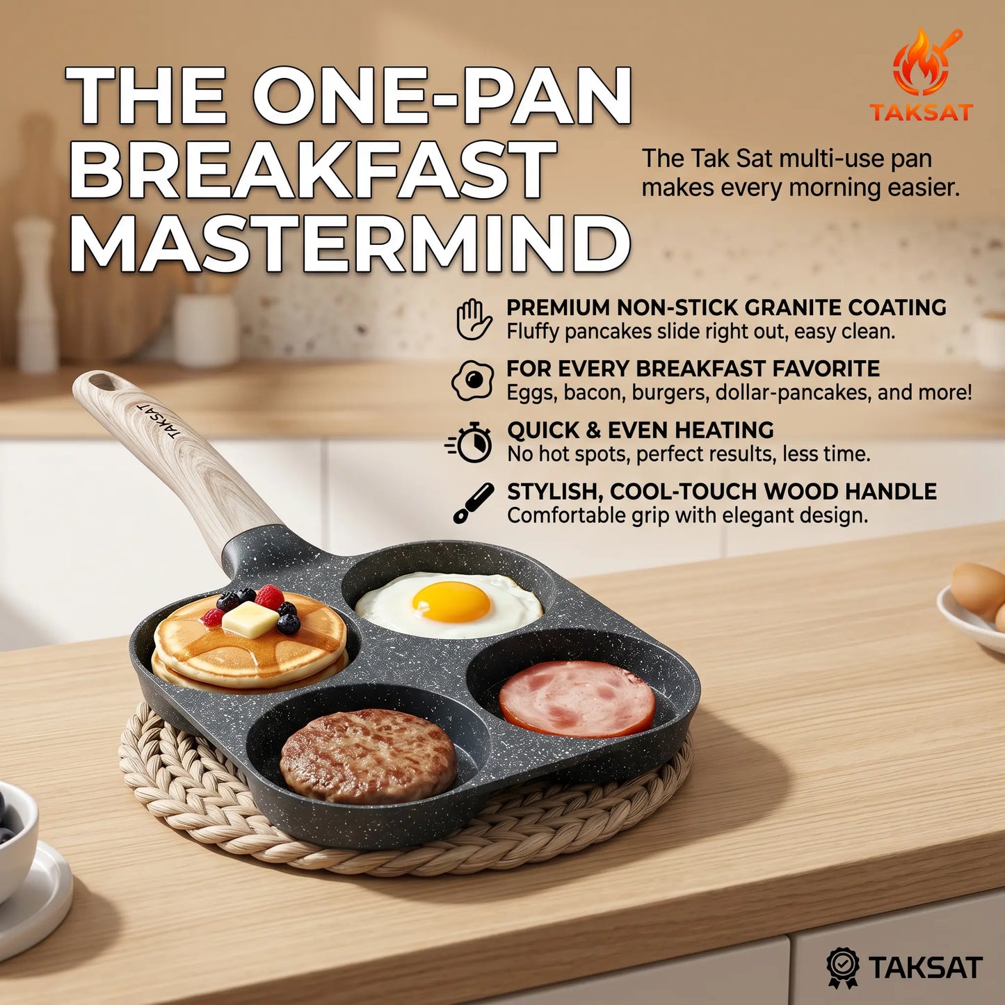 TAKSAT 4-Hole Nonstick Breakfast Pan - Fast-Heating Skillet with Easy-Clean Wooden Handle, 4-in-1 Multifunctional Cookware for Eggs and Hamburgers, Ideal for Family Breakfast Preparation, Aluminum Alloy Construction