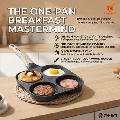 TAKSAT 4-Hole Nonstick Breakfast Pan - Fast-Heating Skillet with Easy-Clean Wooden Handle, 4-in-1 Multifunctional Cookware for Eggs and Hamburgers, Ideal for Family Breakfast Preparation, Aluminum Alloy Construction