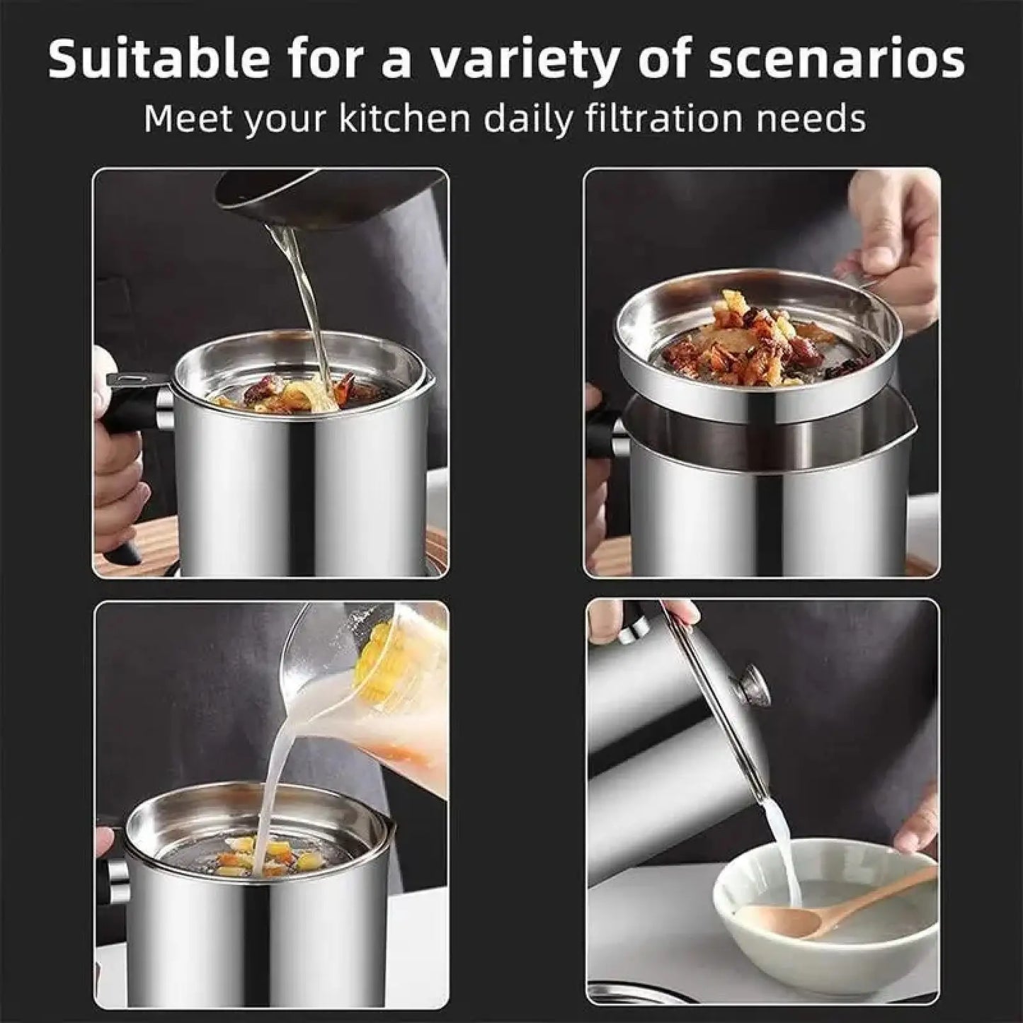 Modern Stainless Steel Oil Dispenser with Tray and Lid, Featuring Filter for Bacon Grease and Cooking Oil, Kitchenware and Utensils