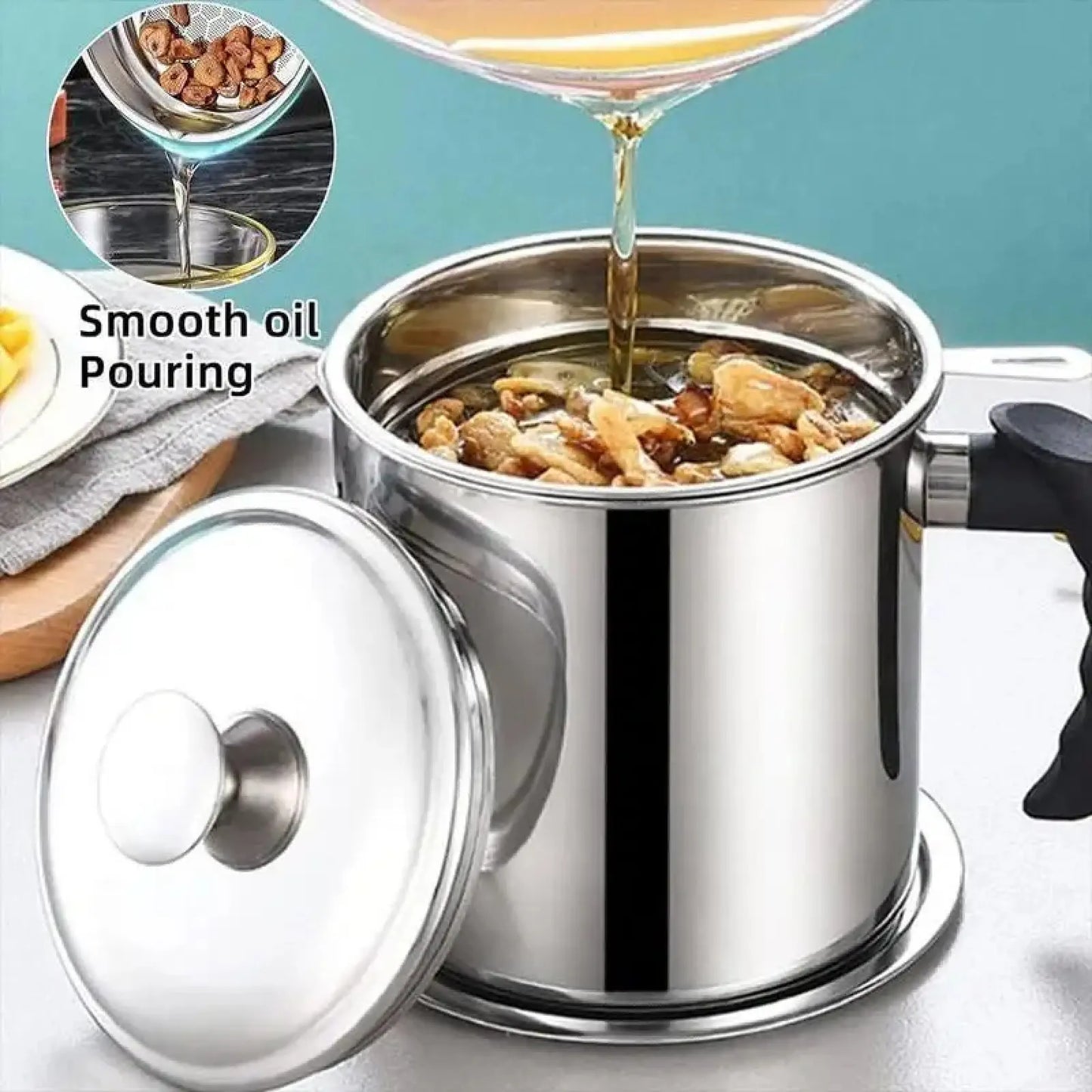 Modern Stainless Steel Oil Dispenser with Tray and Lid, Featuring Filter for Bacon Grease and Cooking Oil, Kitchenware and Utensils
