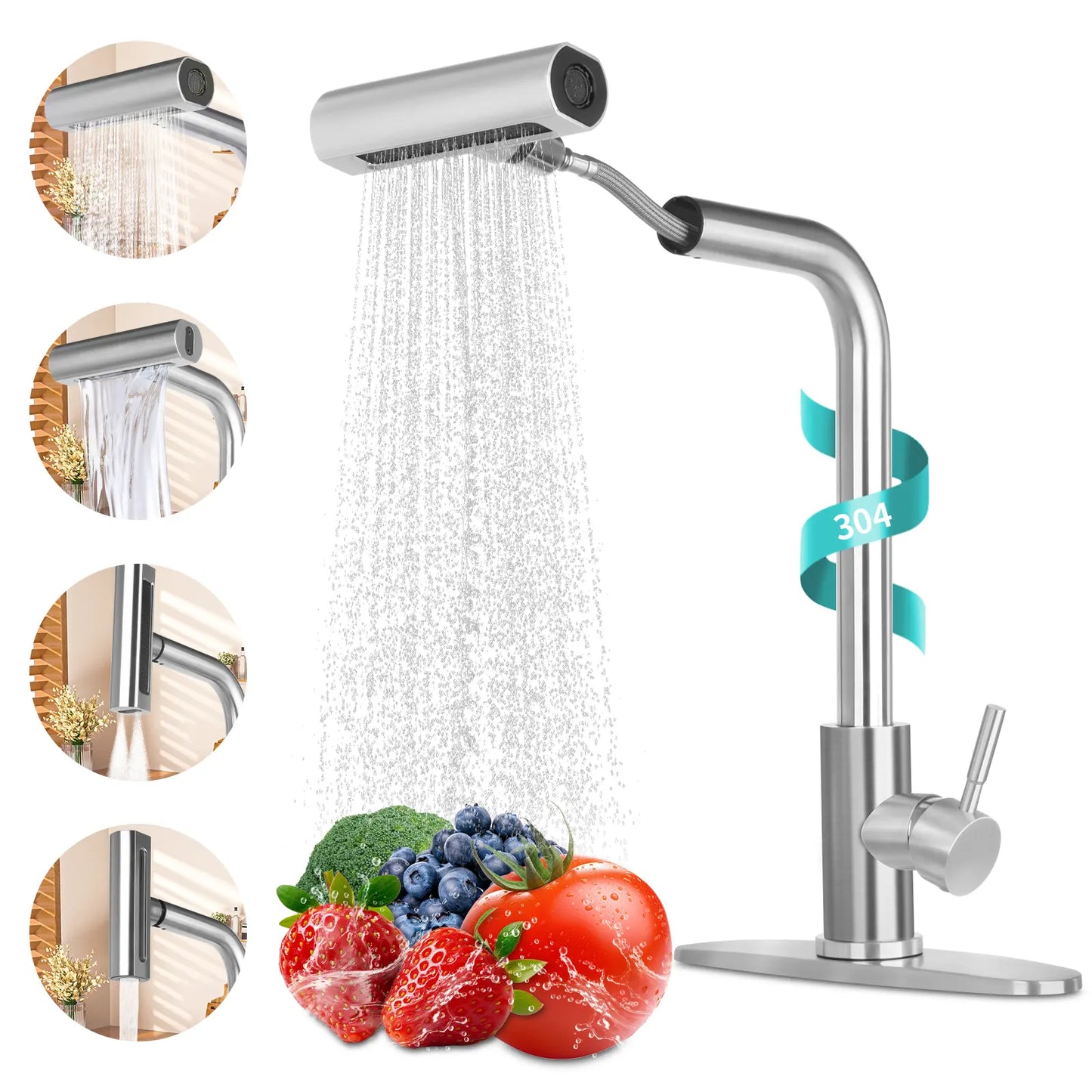 PHANCIR 15.7" Stainless Steel Kitchen Faucet with 4 Function Pull-Down Sprayer, 360° Swivel Design, No-Leak Ceramic Valve, Easy Installation for Farmhouse, Camper, Laundry, RV, and Bar Use