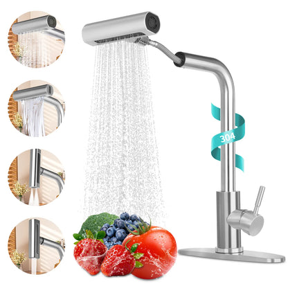PHANCIR 15.7" Stainless Steel Kitchen Faucet with 4 Function Pull-Down Sprayer, 360° Swivel Design, No-Leak Ceramic Valve, Easy Installation for Farmhouse, Camper, Laundry, RV, and Bar Use
