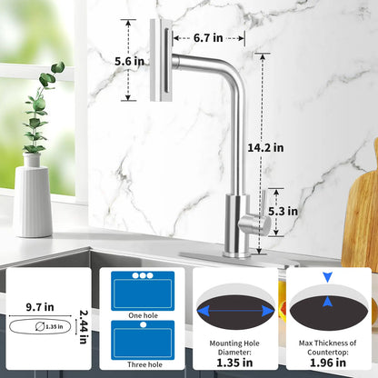 PHANCIR 15.7" Stainless Steel Kitchen Faucet with 4 Function Pull-Down Sprayer, 360° Swivel Design, No-Leak Ceramic Valve, Easy Installation for Farmhouse, Camper, Laundry, RV, and Bar Use