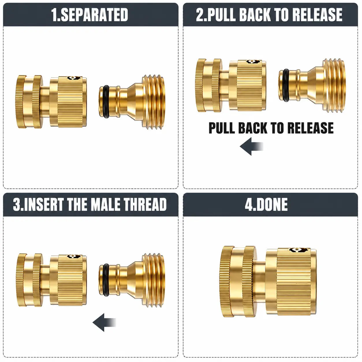 Solid Brass 3/4 Inch GHT Female Garden Hose Quick Connector - No-Leak Water Hose Adapter (1 Piece)