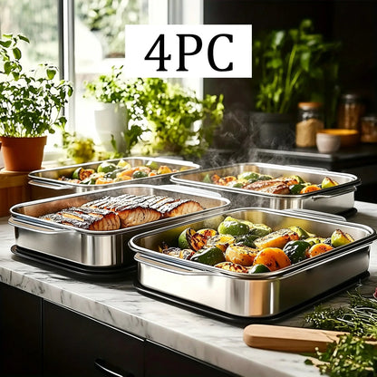 Extra Large Stainless Steel Baking Pans Set with Lids - Non-Stick Thick-Bottomed Rectangular Oven Trays for Desserts, Bread, and Seafood - Ideal for Grilling and Buffet Serving - Oven Safe Design - Perfect Mother's Day Gift