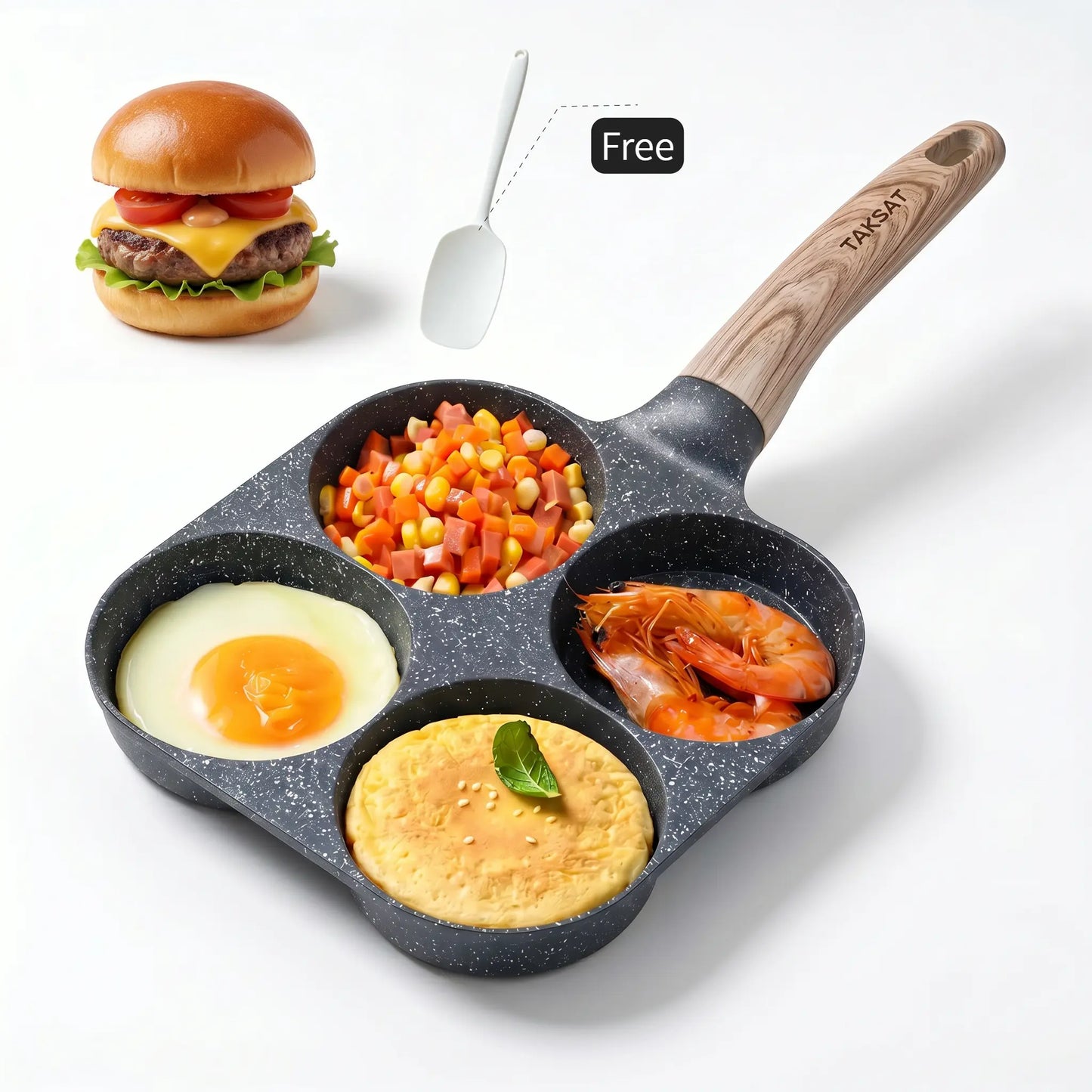 TAKSAT 4-Hole Nonstick Breakfast Pan - Fast-Heating Skillet with Easy-Clean Wooden Handle, 4-in-1 Multifunctional Cookware for Eggs and Hamburgers, Ideal for Family Breakfast Preparation, Aluminum Alloy Construction