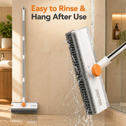 Snofrid 3-in-1 Heavy Duty Floor Scrub Brush with 54-Inch Adjustable Long Handle and Stiff Bristles for Versatile Cleaning in Showers, Bathrooms, Kitchens, Patios, Garages, Pools, Walls, and Decks - Orange & White