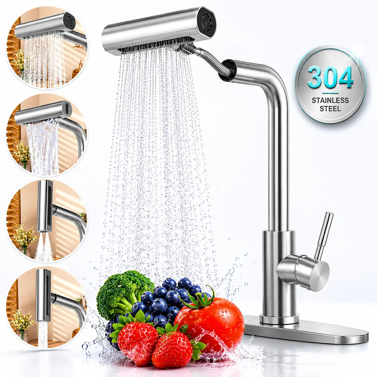 PHANCIR 15.7" Stainless Steel Kitchen Faucet with 4 Function Pull-Down Sprayer, 360° Swivel Design, No-Leak Ceramic Valve, Easy Installation for Farmhouse, Camper, Laundry, RV, and Bar Use