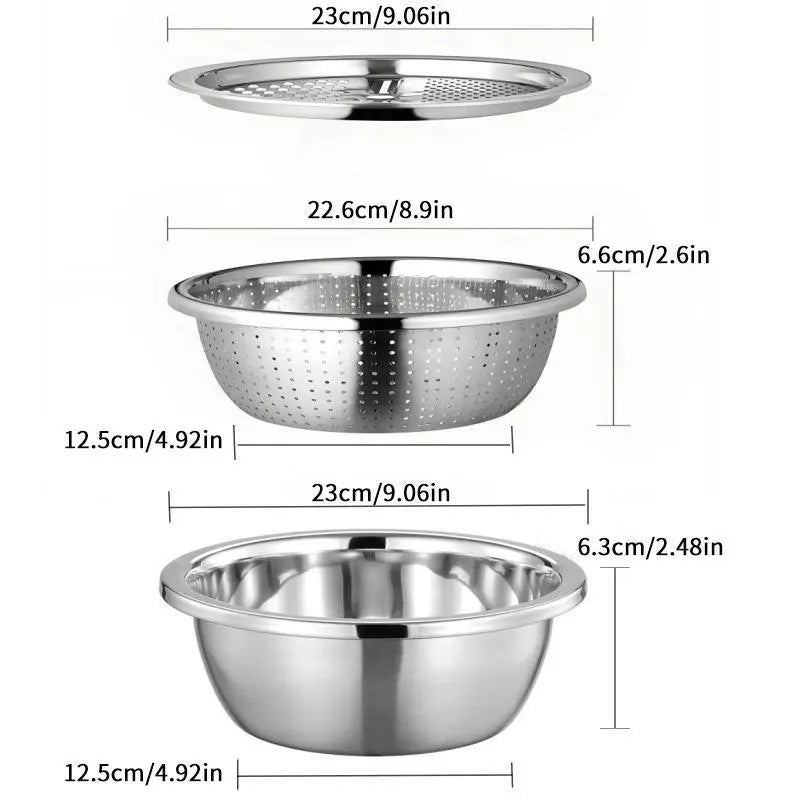 Summerwins 3-in-1 Multifunctional Stainless Steel Cutting Machine with Basin, Sieve, and Cutter - Ideal for Washing Rice, Fruits, and Vegetables, Kitchen Essential