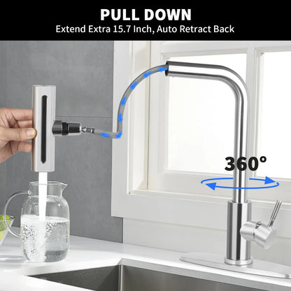 PHANCIR 15.7" Stainless Steel Kitchen Faucet with 4 Function Pull-Down Sprayer, 360° Swivel Design, No-Leak Ceramic Valve, Easy Installation for Farmhouse, Camper, Laundry, RV, and Bar Use
