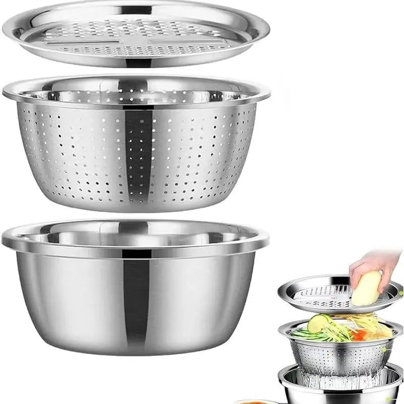 Summerwins 3-in-1 Multifunctional Stainless Steel Cutting Machine with Basin, Sieve, and Cutter - Ideal for Washing Rice, Fruits, and Vegetables, Kitchen Essential