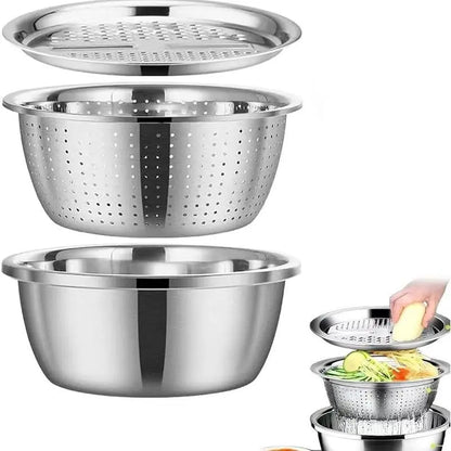 Summerwins 3-in-1 Multifunctional Stainless Steel Cutting Machine with Basin, Sieve, and Cutter - Ideal for Washing Rice, Fruits, and Vegetables, Kitchen Essential