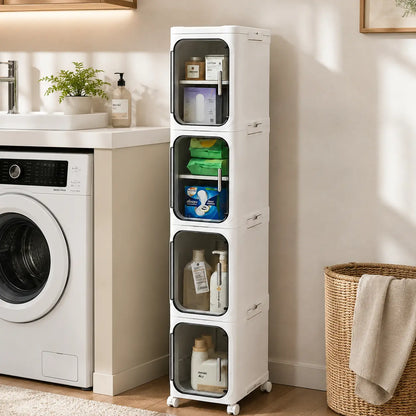 ONAIL Four-Layer Slim Storage Cabinet - Durable Plastic Construction, Adjustable Shelves, Stackable and Foldable Design, Ideal for Small Spaces, Bathrooms, and Kitchens