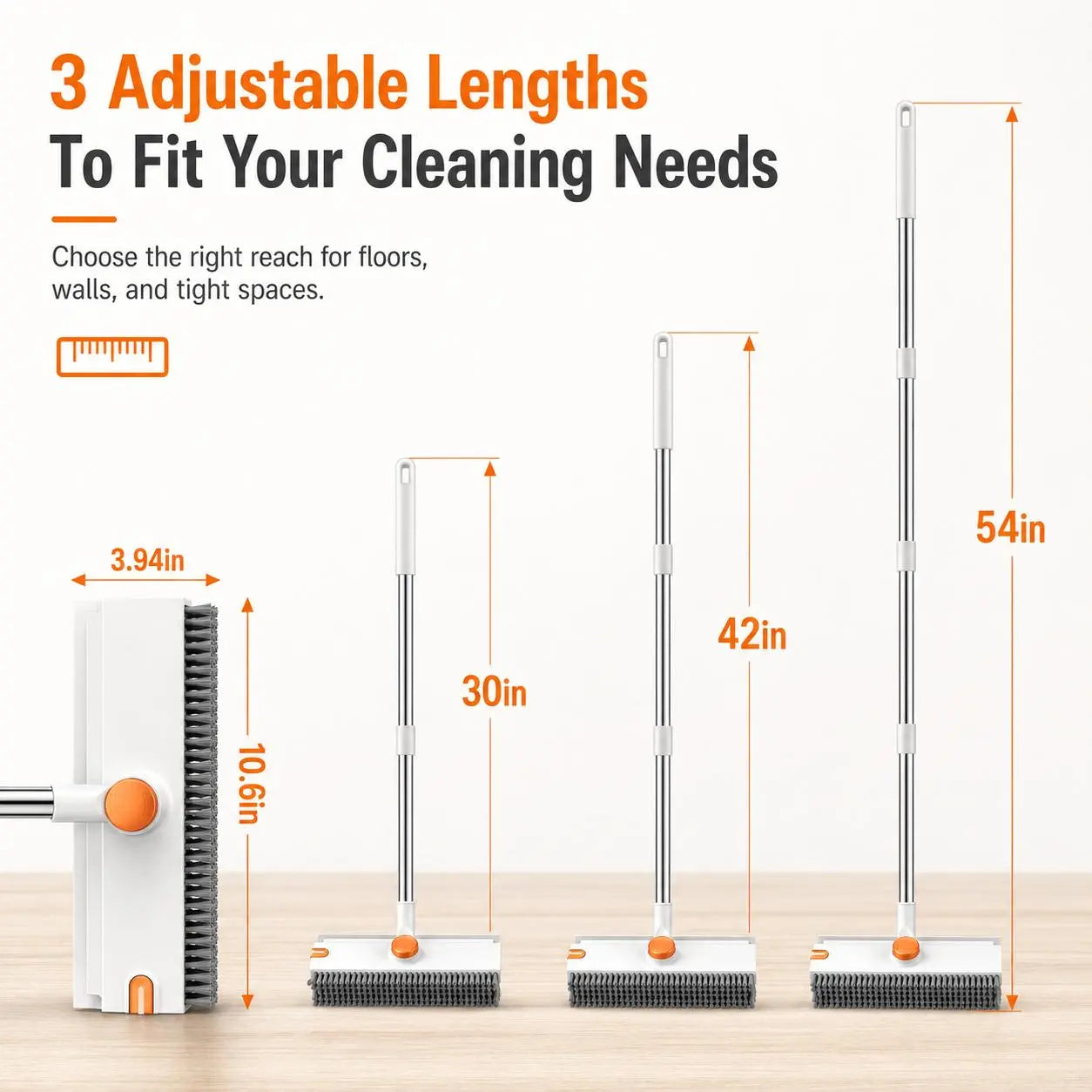 Snofrid 3-in-1 Heavy Duty Floor Scrub Brush with 54-Inch Adjustable Long Handle and Stiff Bristles for Versatile Cleaning in Showers, Bathrooms, Kitchens, Patios, Garages, Pools, Walls, and Decks - Orange & White