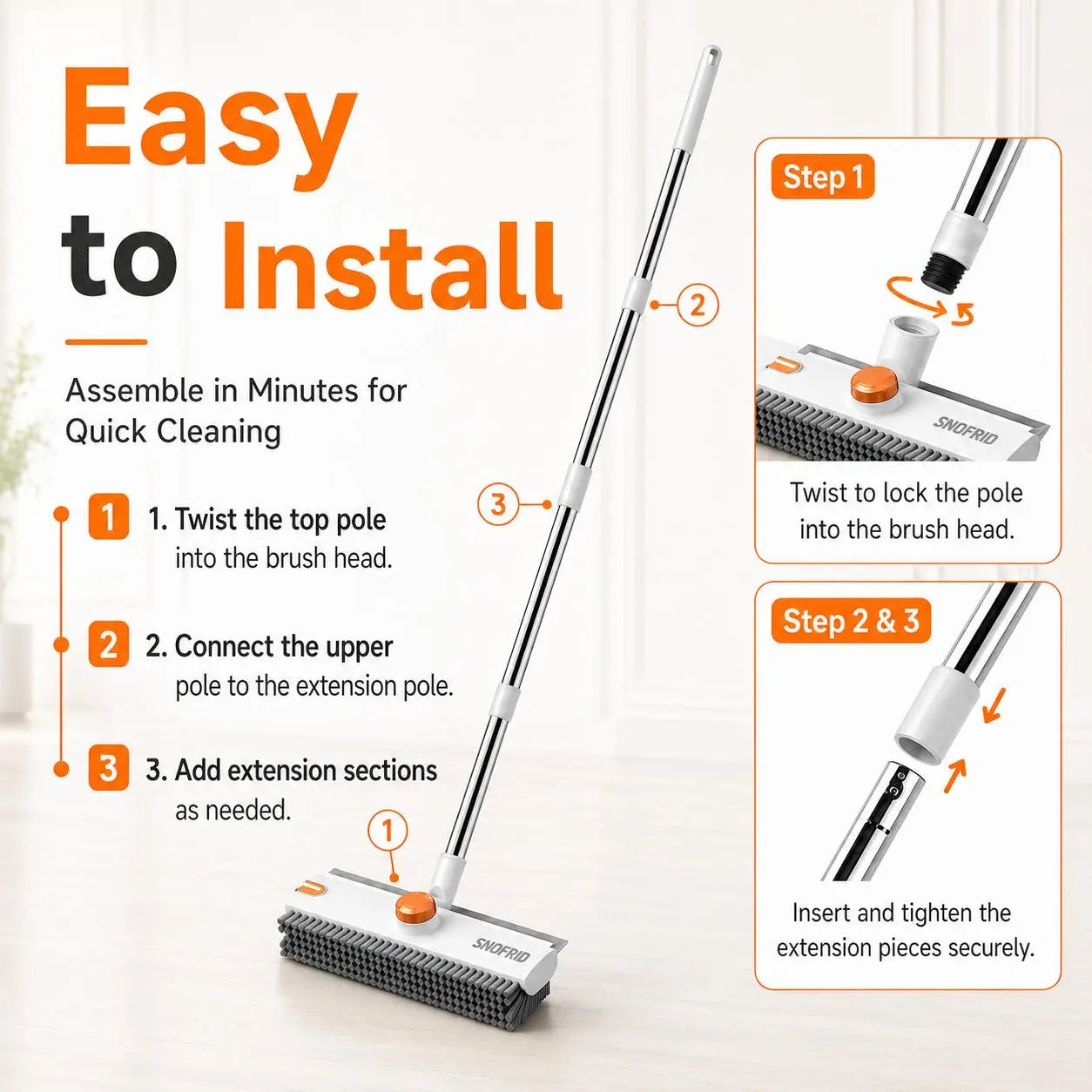 Snofrid 3-in-1 Heavy Duty Floor Scrub Brush with 54-Inch Adjustable Long Handle and Stiff Bristles for Versatile Cleaning in Showers, Bathrooms, Kitchens, Patios, Garages, Pools, Walls, and Decks - Orange & White