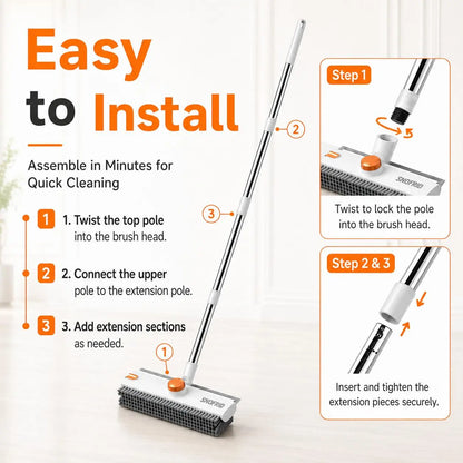 Snofrid 3-in-1 Heavy Duty Floor Scrub Brush with 54-Inch Adjustable Long Handle and Stiff Bristles for Versatile Cleaning in Showers, Bathrooms, Kitchens, Patios, Garages, Pools, Walls, and Decks - Orange & White