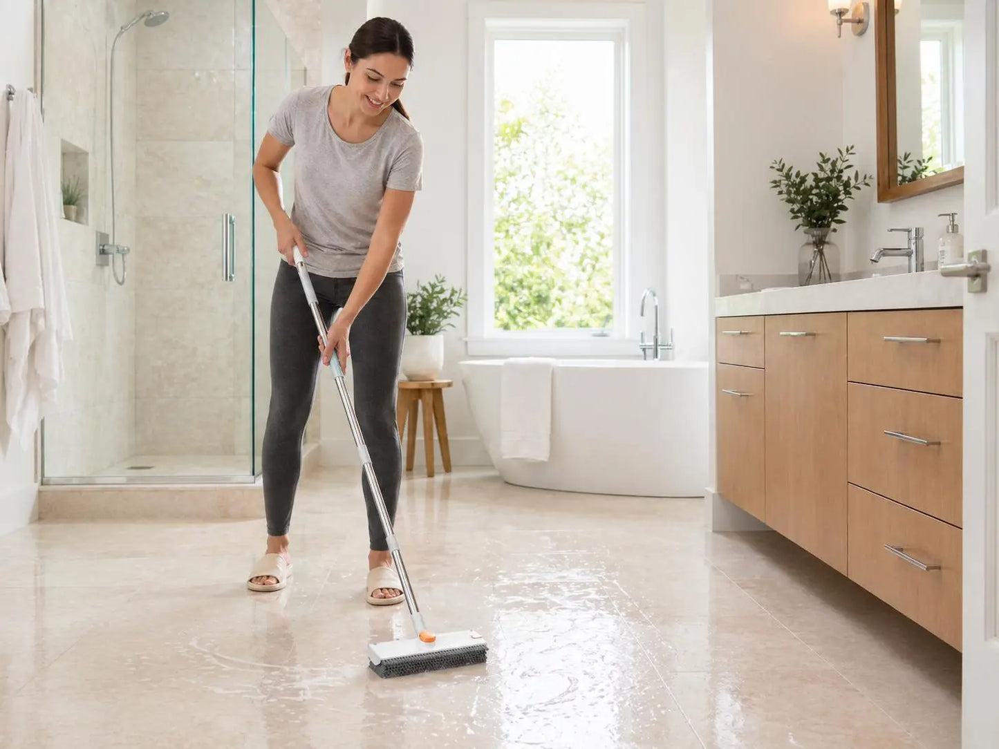 Snofrid 3-in-1 Heavy Duty Floor Scrub Brush with 54-Inch Adjustable Long Handle and Stiff Bristles for Versatile Cleaning in Showers, Bathrooms, Kitchens, Patios, Garages, Pools, Walls, and Decks - Orange & White